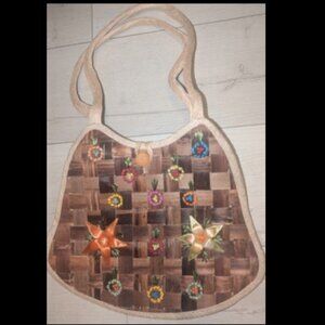 Vintage Handmade Philippines Raffia  Purse Floral Wicker Hippie Boho